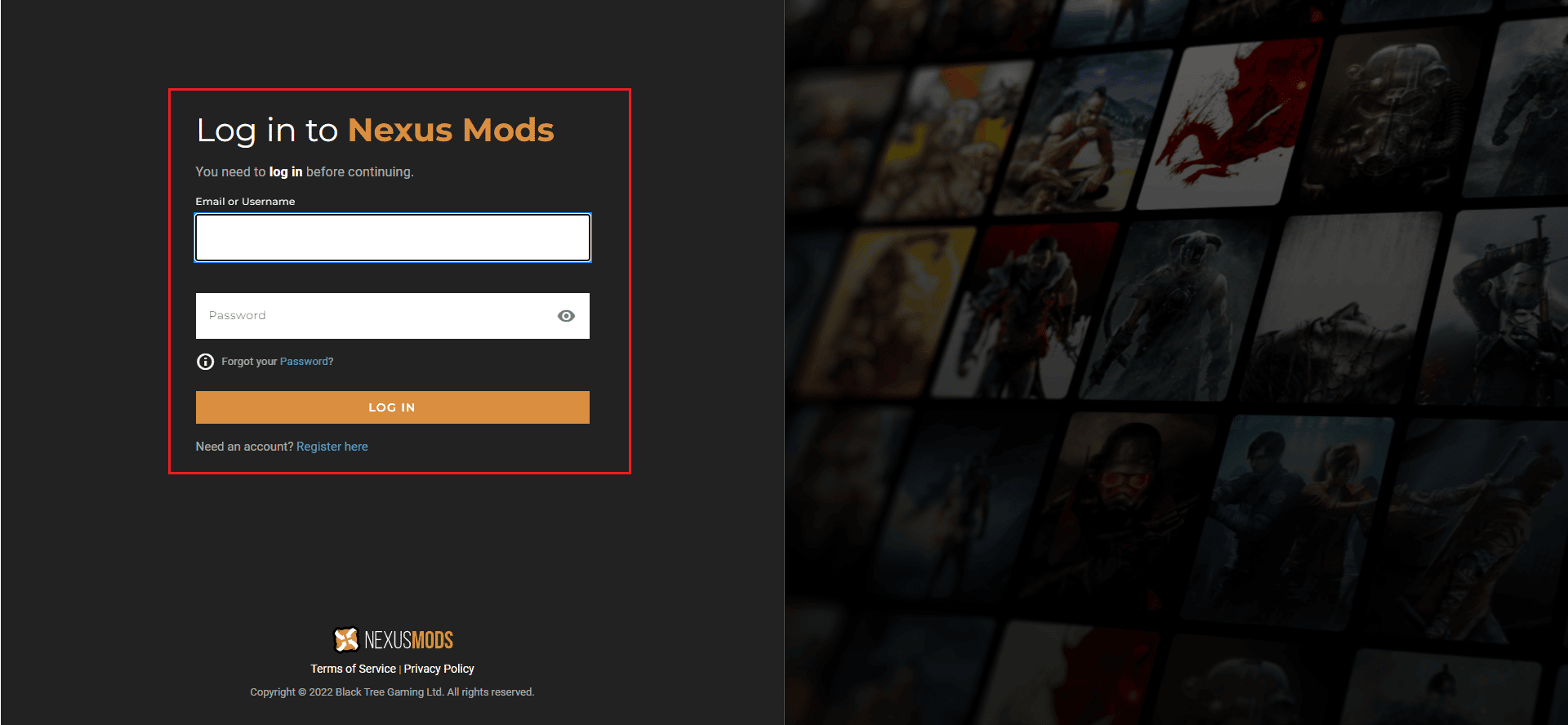 faça login na página do gerenciador de mods do vortex