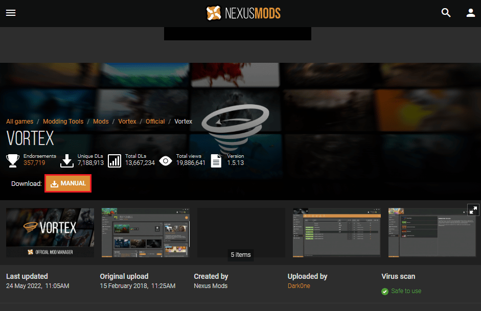 Clique no botão MANUAL ao lado da seção Download para instalar o Vortex Mod Manager