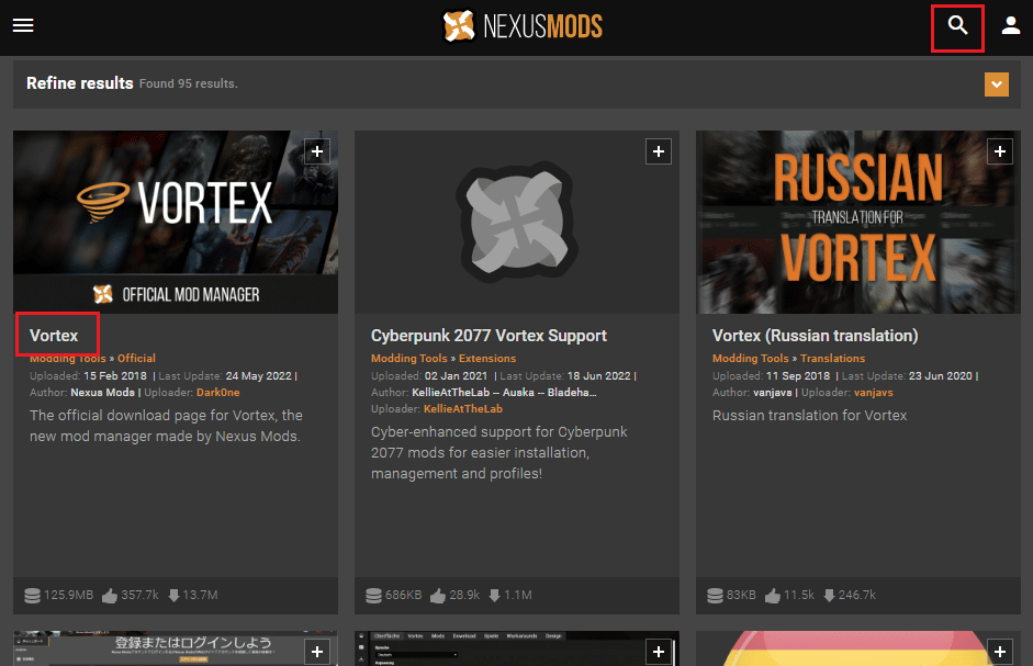 Procure o Vortex Mod Manager na barra de pesquisa e clique no primeiro resultado exibido