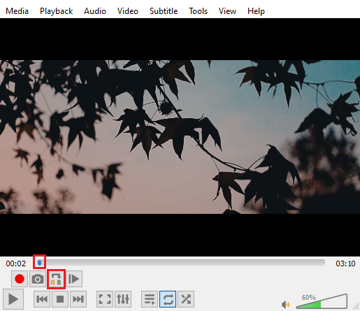Pilih titik awal dan klik pada ikon A ke B. Cara Membuat Video Loop VLC