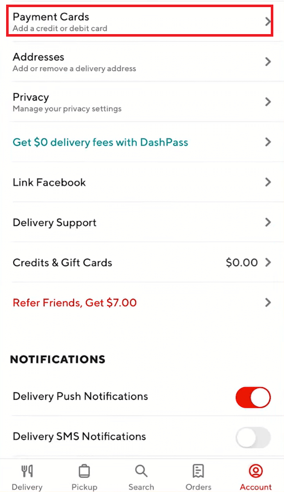 Toque Tarjetas de pago | Cómo eliminar la tarjeta DoorDash como método de pago