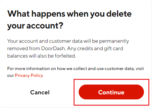 haga clic en la opción Continuar | Cómo eliminar la tarjeta DoorDash como método de pago
