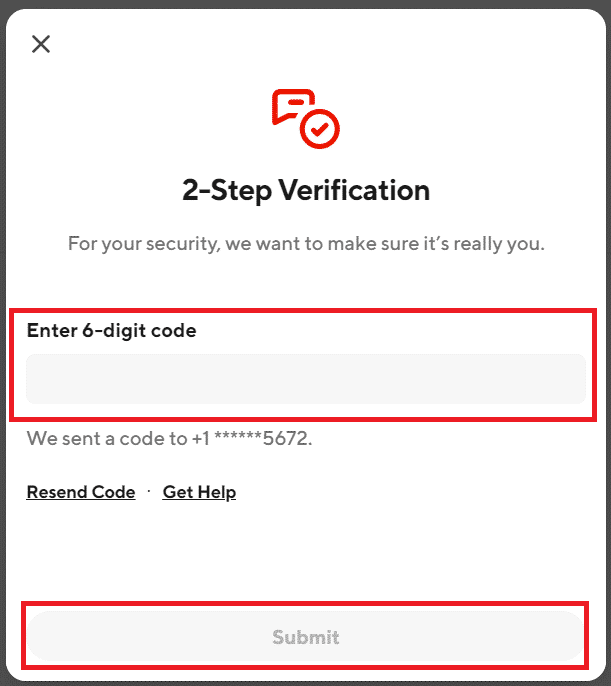 Ingrese el código de verificación enviado a su número de teléfono móvil y haga clic en Enviar