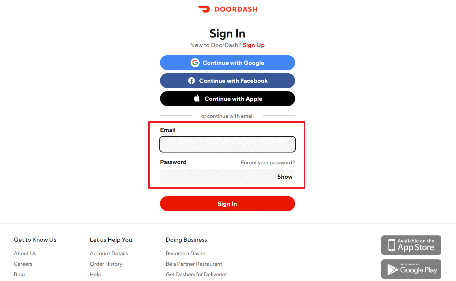Inicie sesión en su cuenta con sus credenciales de inicio de sesión | Cómo eliminar la tarjeta DoorDash como método de pago
