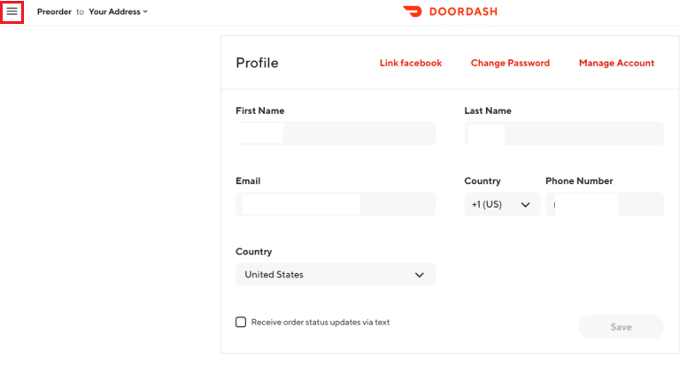 Haga clic en el icono de la hamburguesa en la esquina superior izquierda | Cómo eliminar la tarjeta DoorDash como método de pago