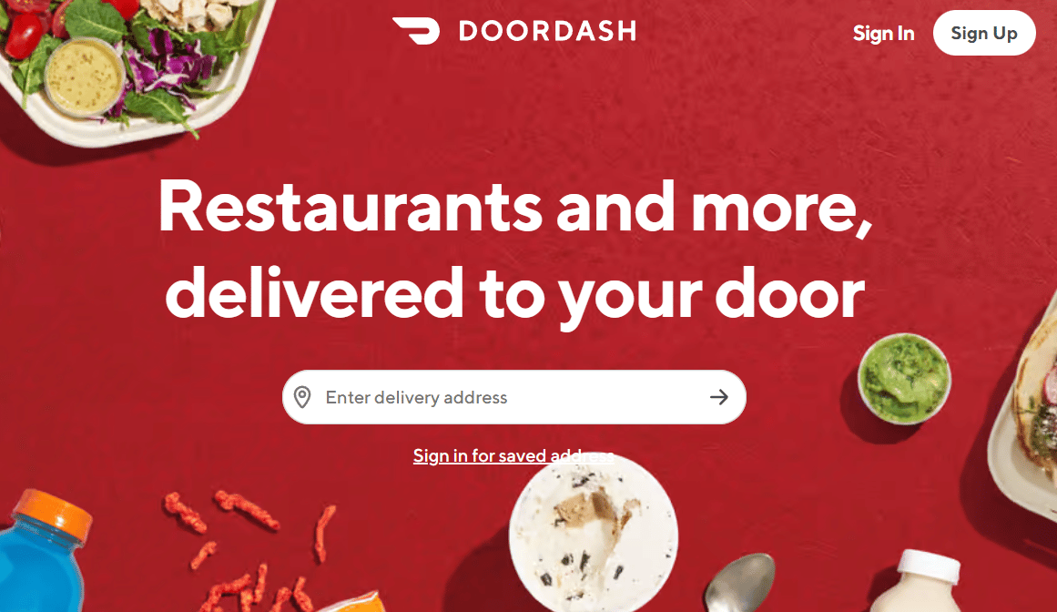 Página de inicio del sitio web de DoorDash | Cómo eliminar la tarjeta DoorDash como método de pago