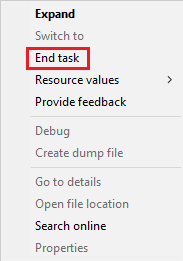 Pilih Akhiri tugas. Perbaiki Kesalahan yang Ditangguhkan SearchUI.exe di Windows 10