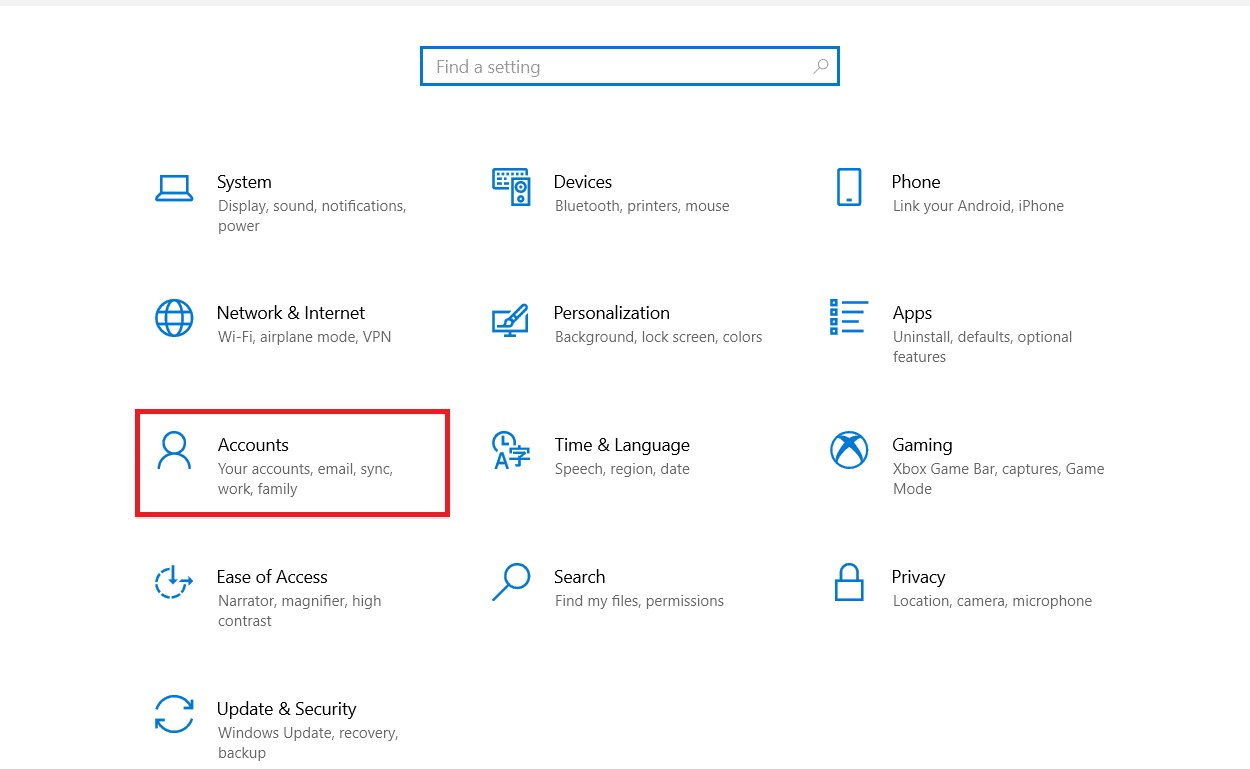 Klik Akun. Perbaiki Kesalahan yang Ditangguhkan SearchUI.exe di Windows 10
