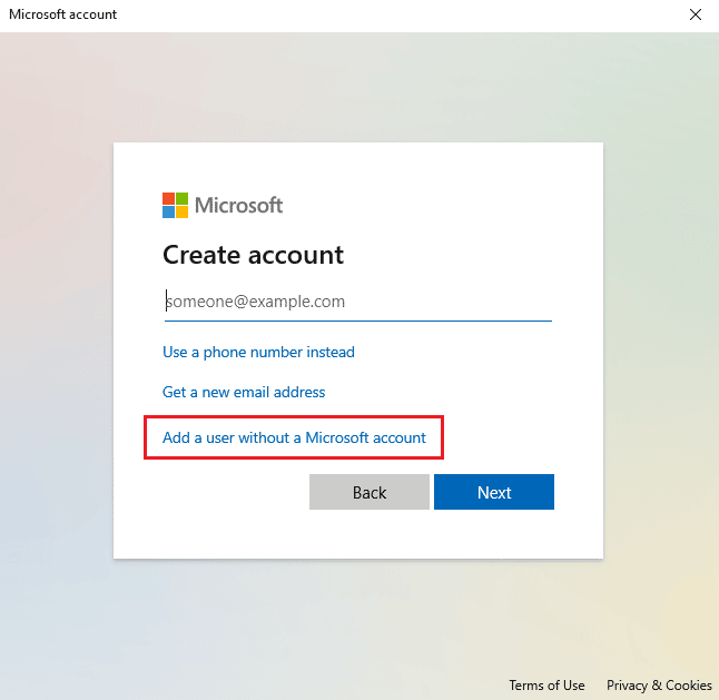 Pilih Tambahkan pengguna tanpa akun Microsoft