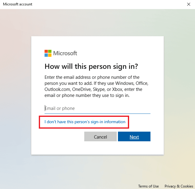 Pilih Saya tidak memiliki informasi masuk orang ini. Perbaiki Kesalahan yang Ditangguhkan SearchUI.exe di Windows 10
