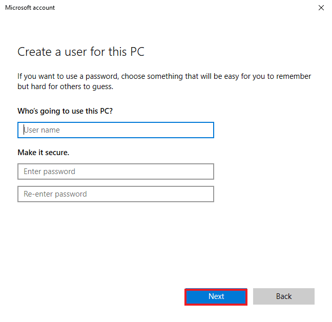 Isi detailnya dan klik berikutnya. Perbaiki Kesalahan yang Ditangguhkan SearchUI.exe di Windows 10