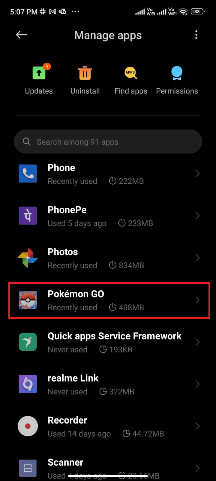 اضغط على إدارة التطبيقات ثم اضغط على Pokemon GO