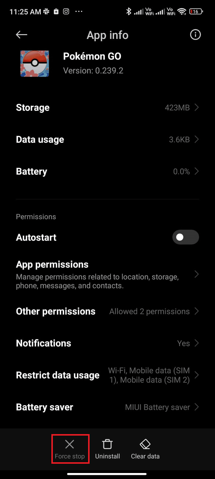 اضغط على خيار Force stop. إصلاح خطأ Pokemon Go 26