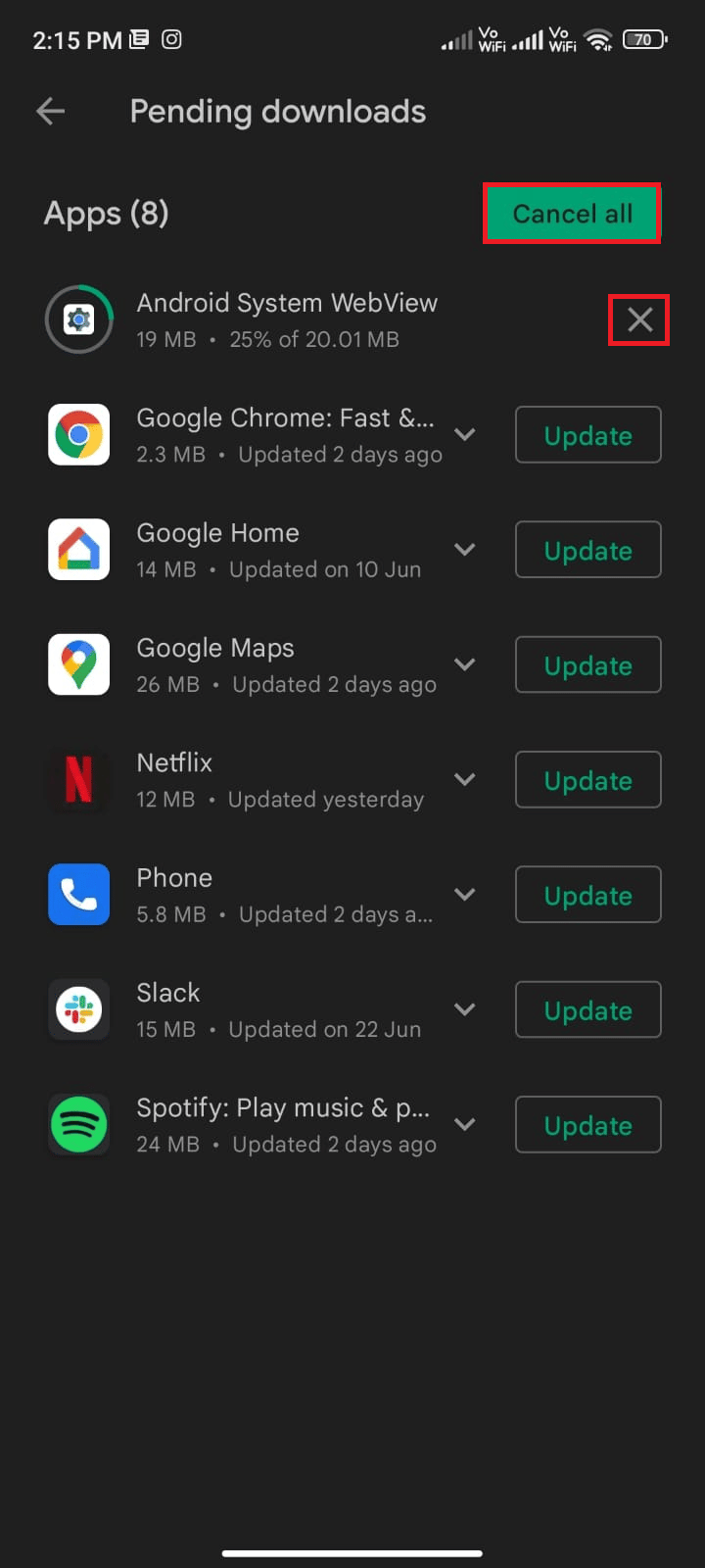 X記号をタップして更新を閉じるか、[すべてキャンセル]をタップします。 Androidでキューに入れられたダウンロードを修正する方法