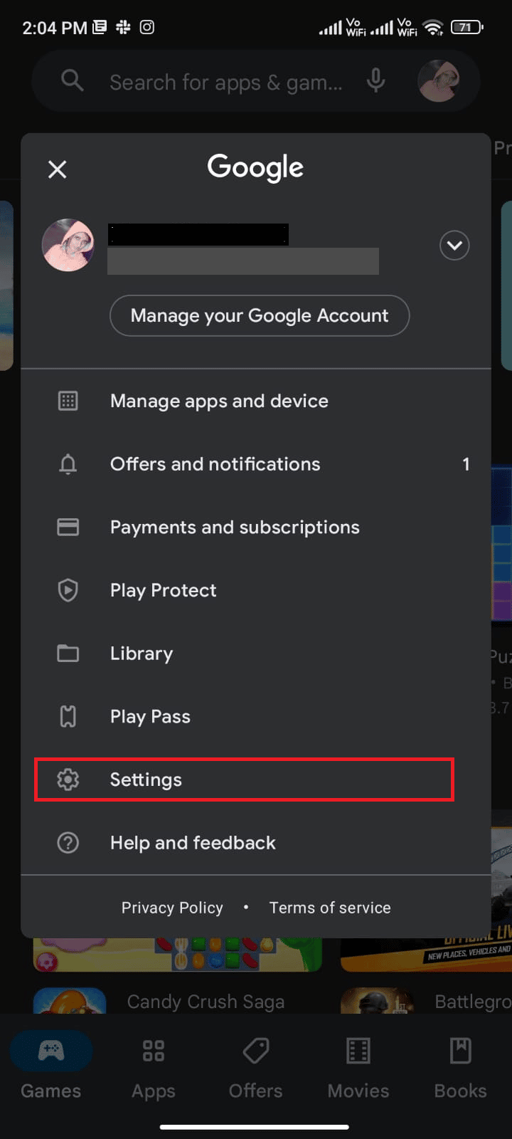 [設定]をタップします。 Androidでキューに入れられたダウンロードを修正する方法