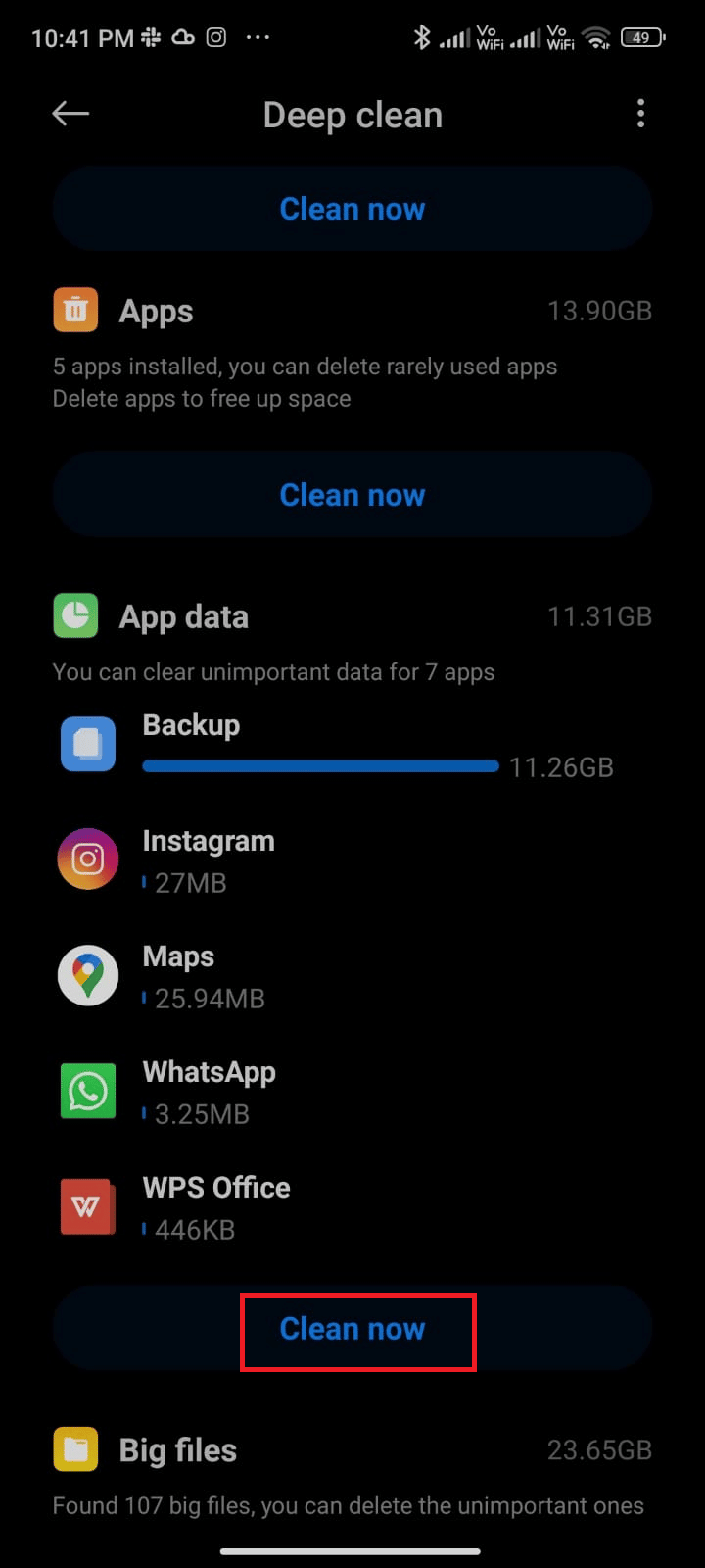 [今すぐクリーン]をタップします。 Androidでキューに入れられたダウンロードを修正する方法
