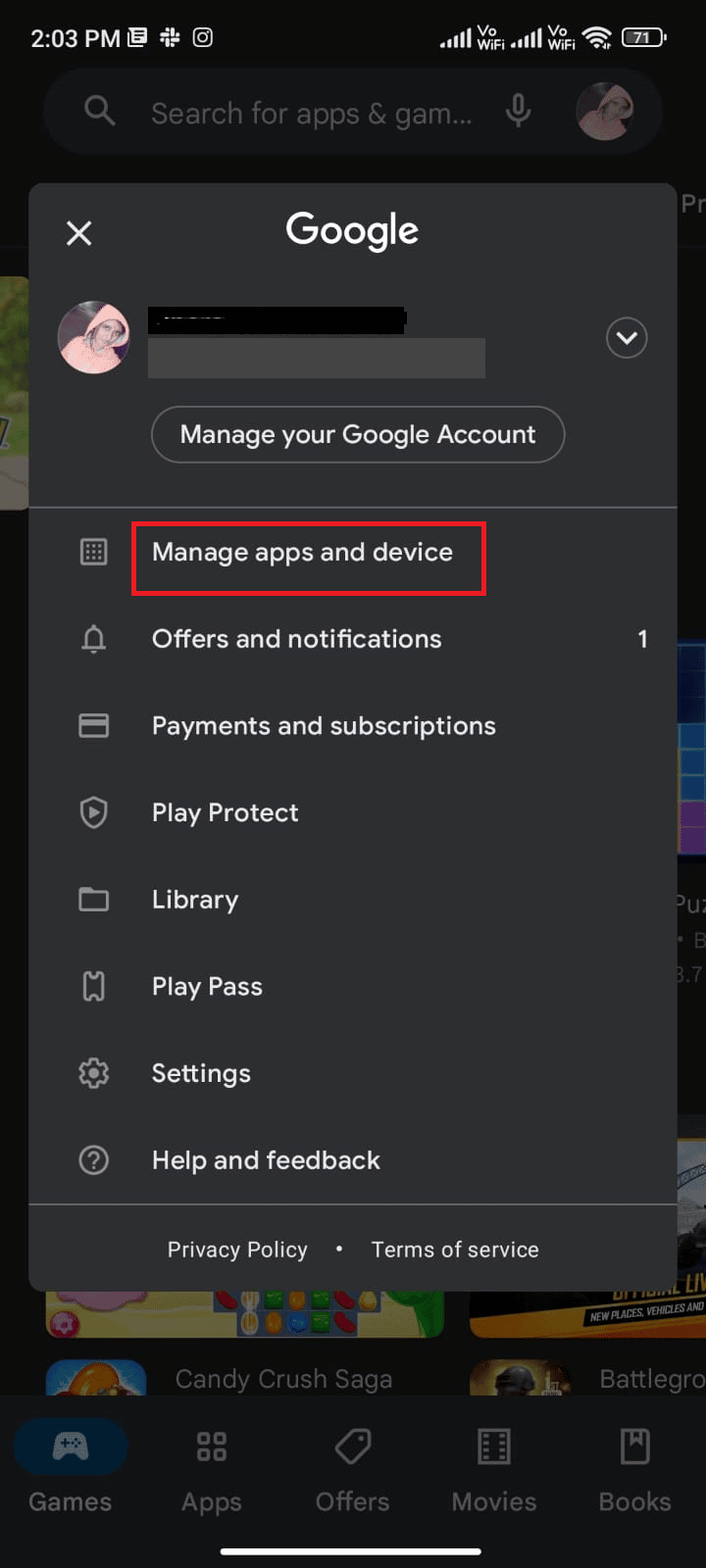[アプリとデバイスの管理]をタップします。 Androidでキューに入れられたダウンロードを修正する方法