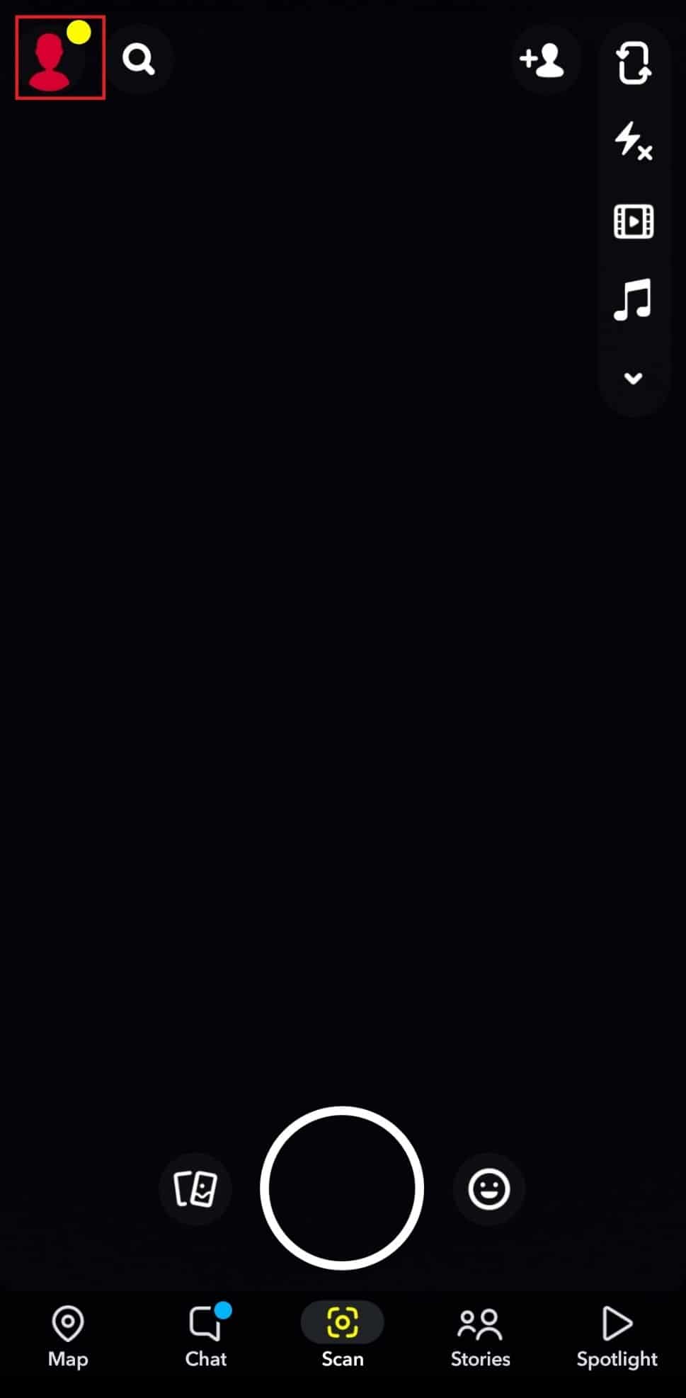 Snapchat 프로필을 보려면 왼쪽 상단 모서리에 있는 프로필 아이콘을 탭하세요.