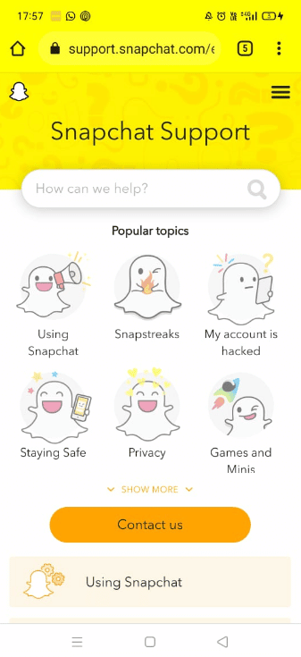 Snapchat 지원 페이지로 이동합니다.