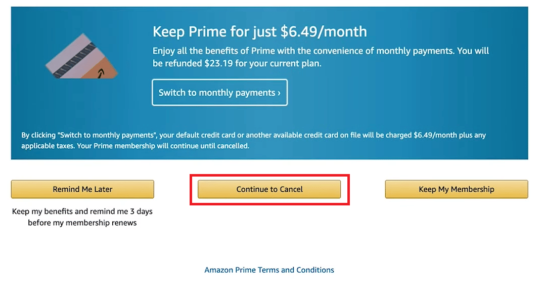 clique em Continuar para Cancelar | Como faço para cancelar a assinatura do canal Prime Video