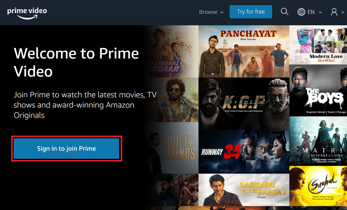 Faça login na sua conta no site do Prime Video