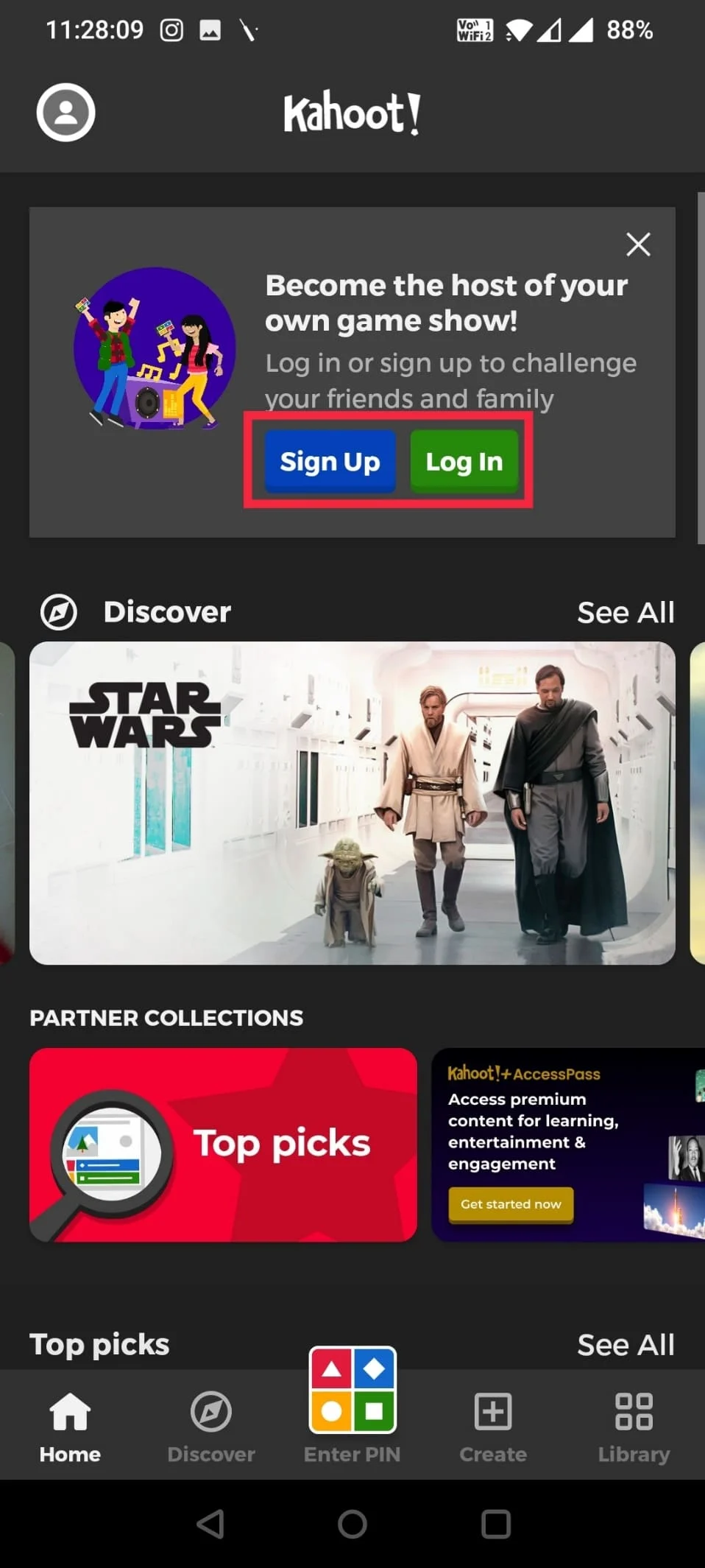 新規ユーザーの場合は、[サインアップ]をタップします。面白いKahootの名前