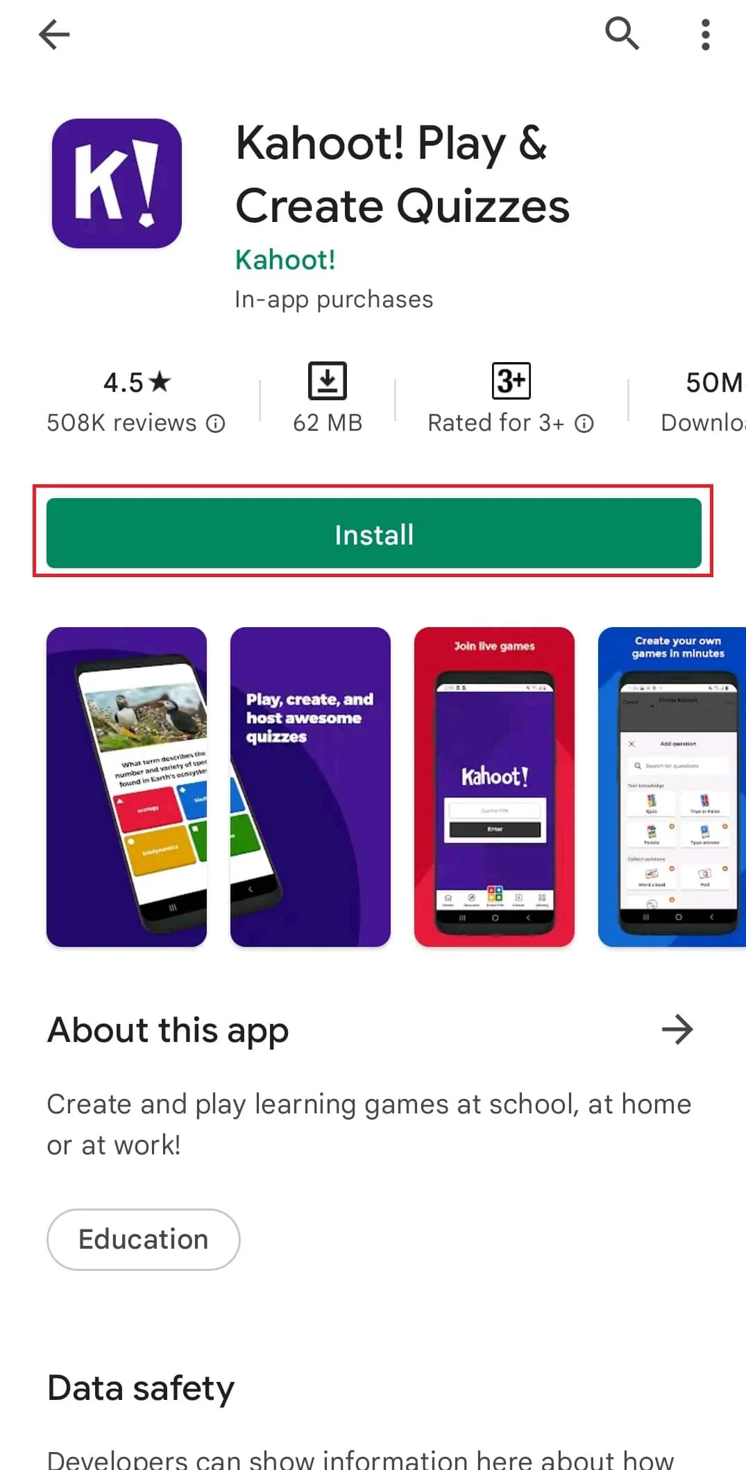 Kahootアプリを検索し、[インストール]をタップしてダウンロードします。面白いKahootの名前