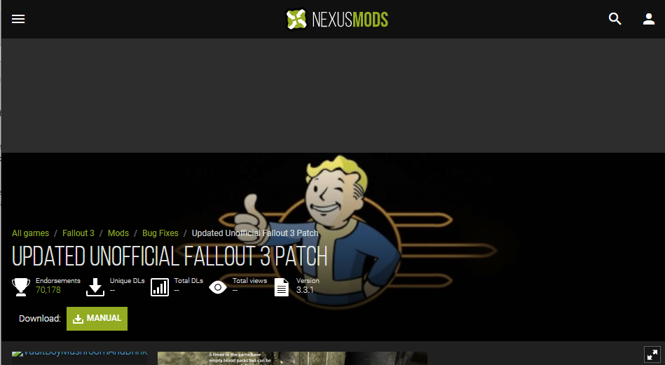Apri il sito Web ufficiale di NEXUSMODS per scaricare la PATCH AGGIORNATA NON UFFICIALE DI FALLOUT 3