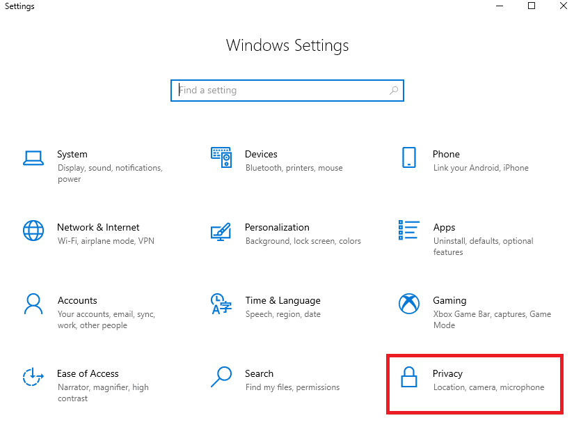 개인 정보 보호를 클릭하십시오. Windows 10에서 Skype 카메라가 작동하지 않는 문제 수정