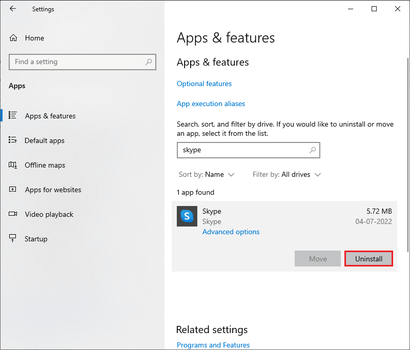 Skype를 검색하고 클릭하고 제거 옵션을 선택하십시오. Windows 10에서 Skype 카메라가 작동하지 않는 문제 수정