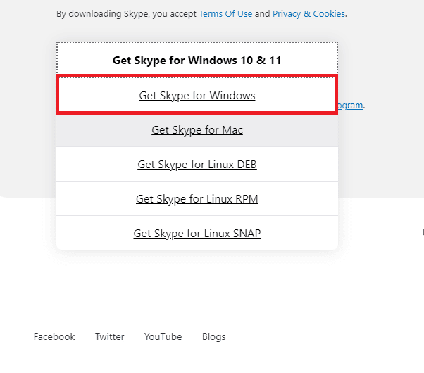 Windows용 Skype 다운로드 옵션을 클릭하십시오.