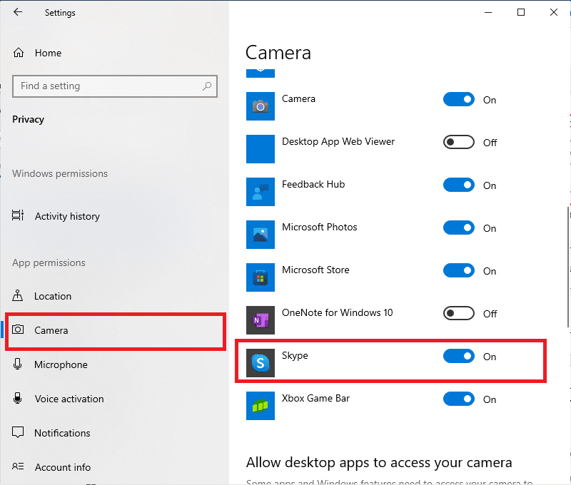 화면을 아래로 스크롤하고 카메라에 액세스할 수 있는 Microsoft Store 앱 선택에서 Skype 앱을 토글합니다.