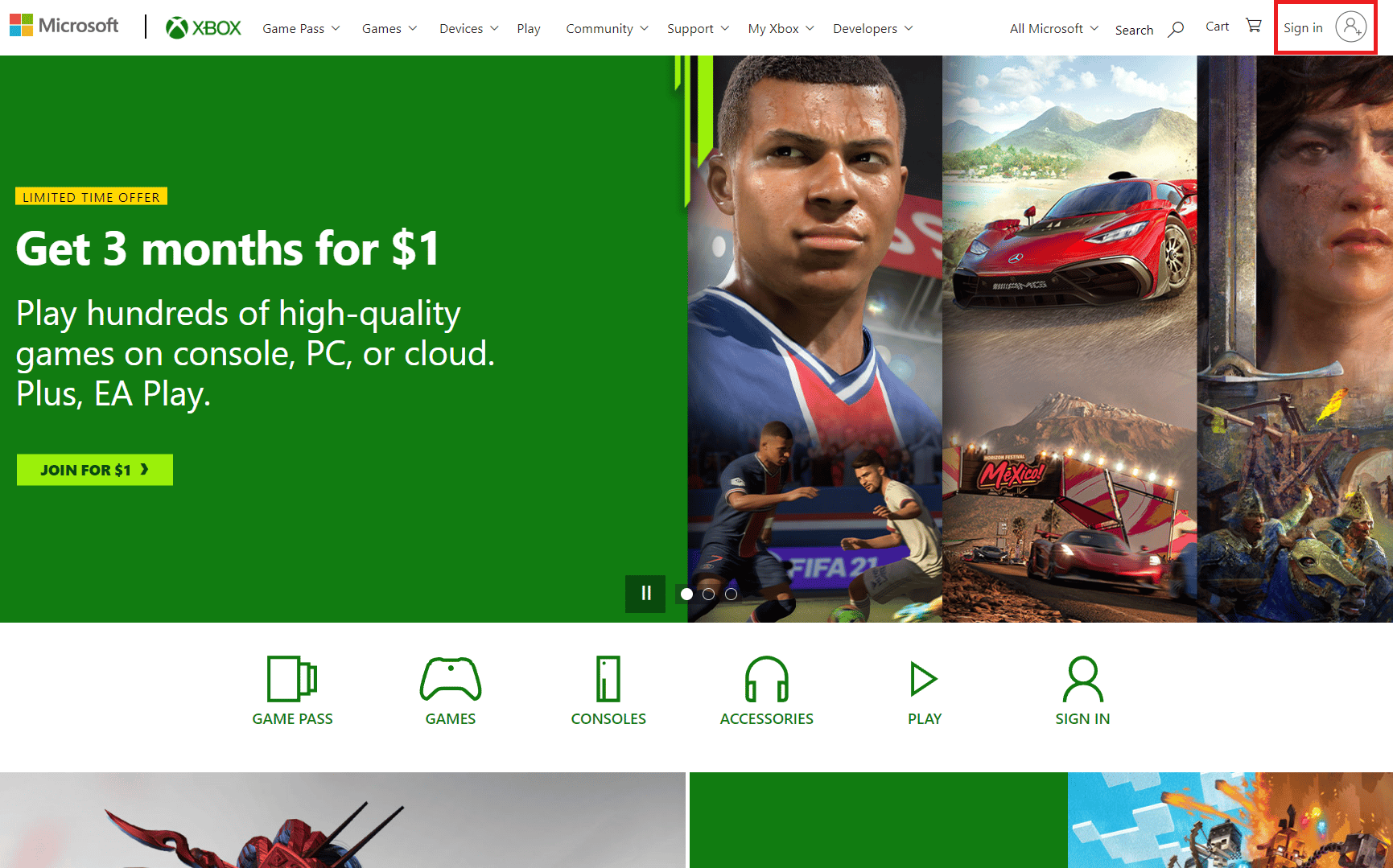 画面の右上隅にある[サインイン]オプションをクリックします| XboxOneアカウントを子供から親に変更するにはどうすればよいですか