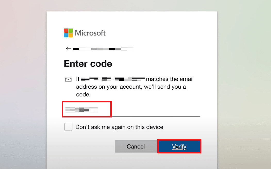 メールアドレスまたは携帯電話番号に送信されたコードを入力して、アカウントを確認します