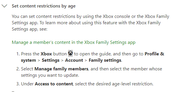 年齢制限の制限を変更するためのXboxヘルプ。