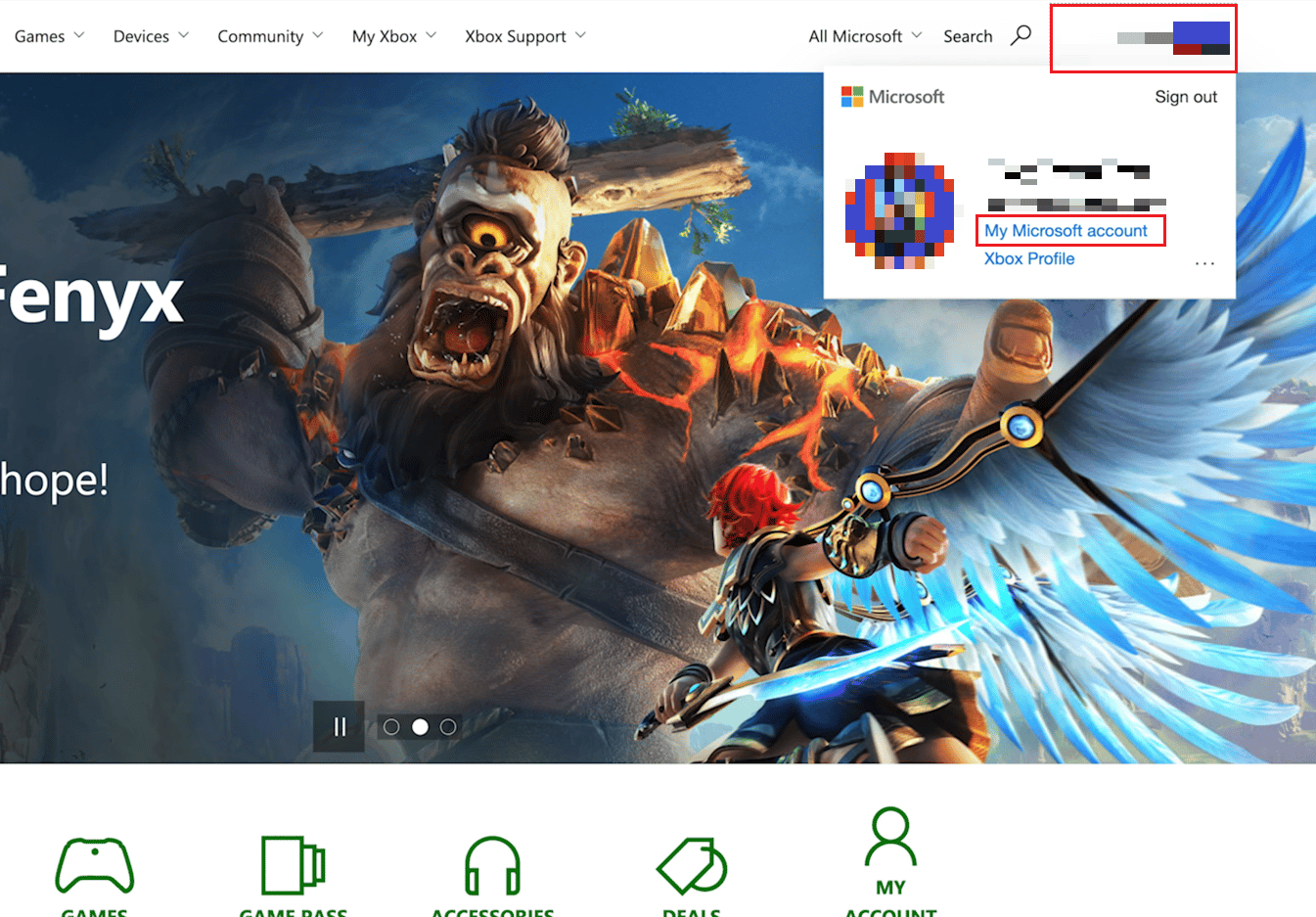 プロファイルアイコンをクリックします-MyMicrosoftアカウント| XboxOneアカウントを子供から親に変更するにはどうすればよいですか