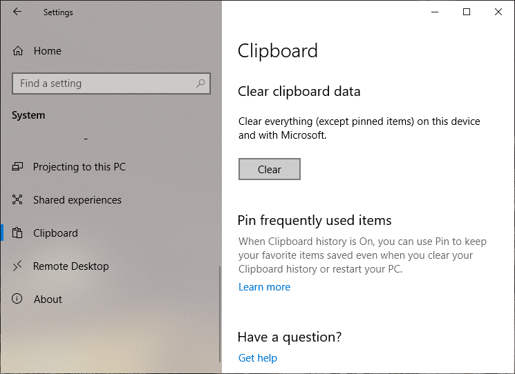 在清除剪贴板数据下,单击清除按钮 |在 Windows 10 中使用新剪贴板