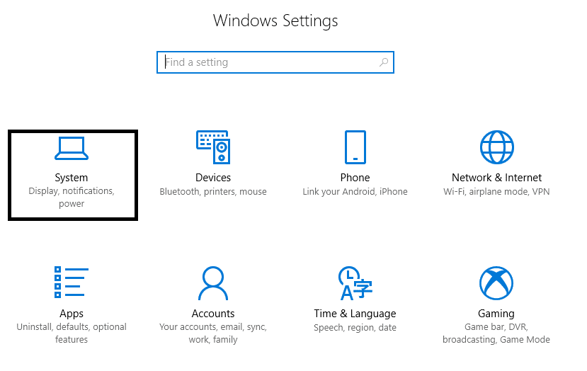 按 Windows 键 + I 打开设置,然后单击系统图标
