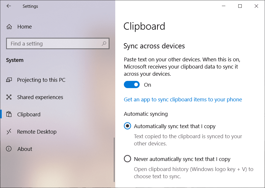 打开跨设备同步下的切换 |在 Windows 10 中使用新剪贴板