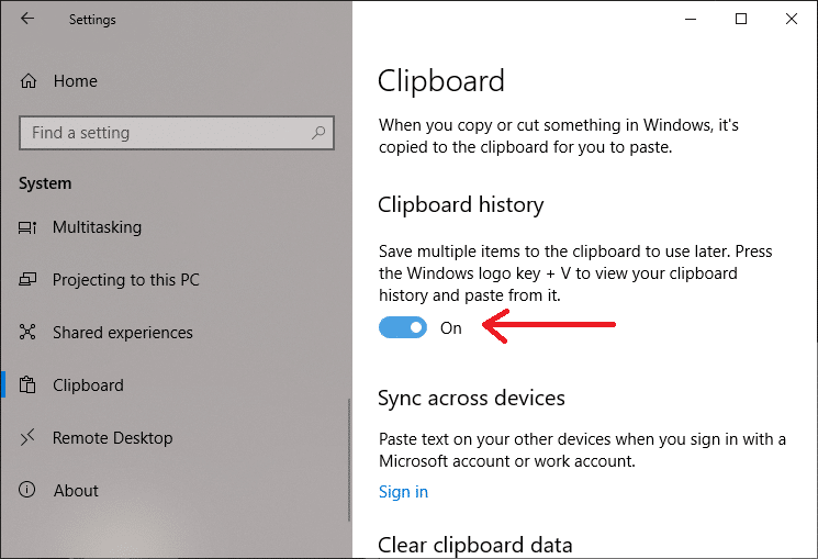 打开剪贴板历史切换按钮 |在 Windows 10 中使用新剪贴板