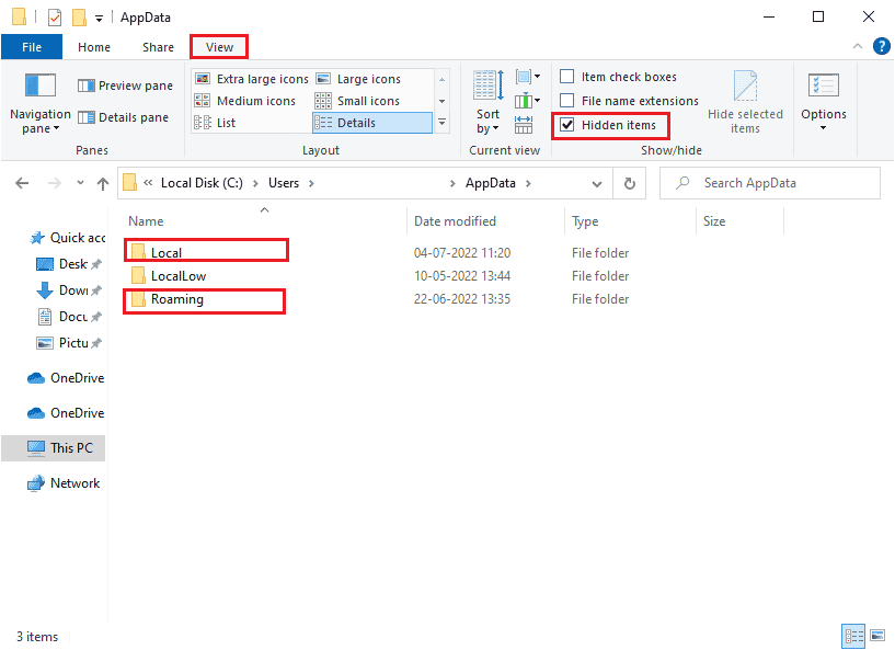 Pastikan Anda mencentang kotak item Tersembunyi di tab Tampilan untuk melihat folder AppData. Perbaiki Sistem Konfigurasi Gagal Inisialisasi pada Windows 10