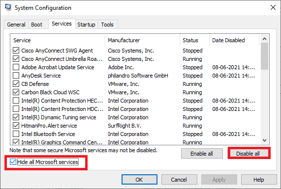 klik tombol Nonaktifkan semua. Perbaiki Sistem Konfigurasi Gagal Inisialisasi pada Windows 10