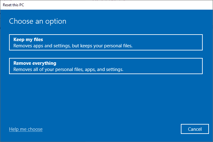 pilih opsi dari jendela Reset this PC