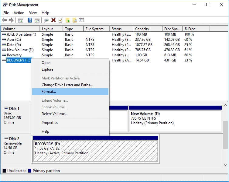 Formate o disco ou a unidade no Gerenciamento de disco. Corrigir o erro do instalador do Star Citizen no Windows 10