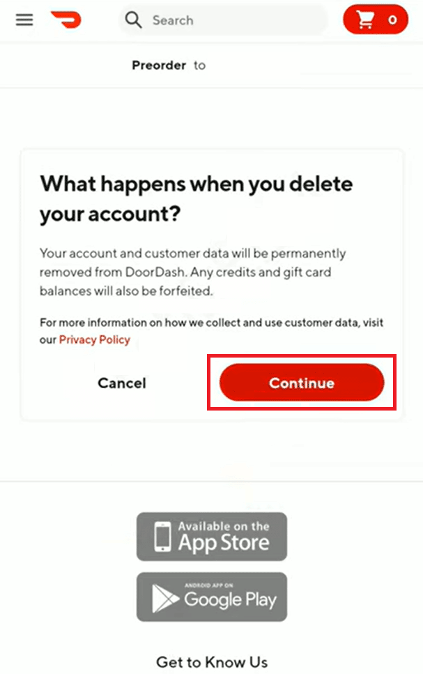 Atingeți Continuare | DoorDash dezactivați contul