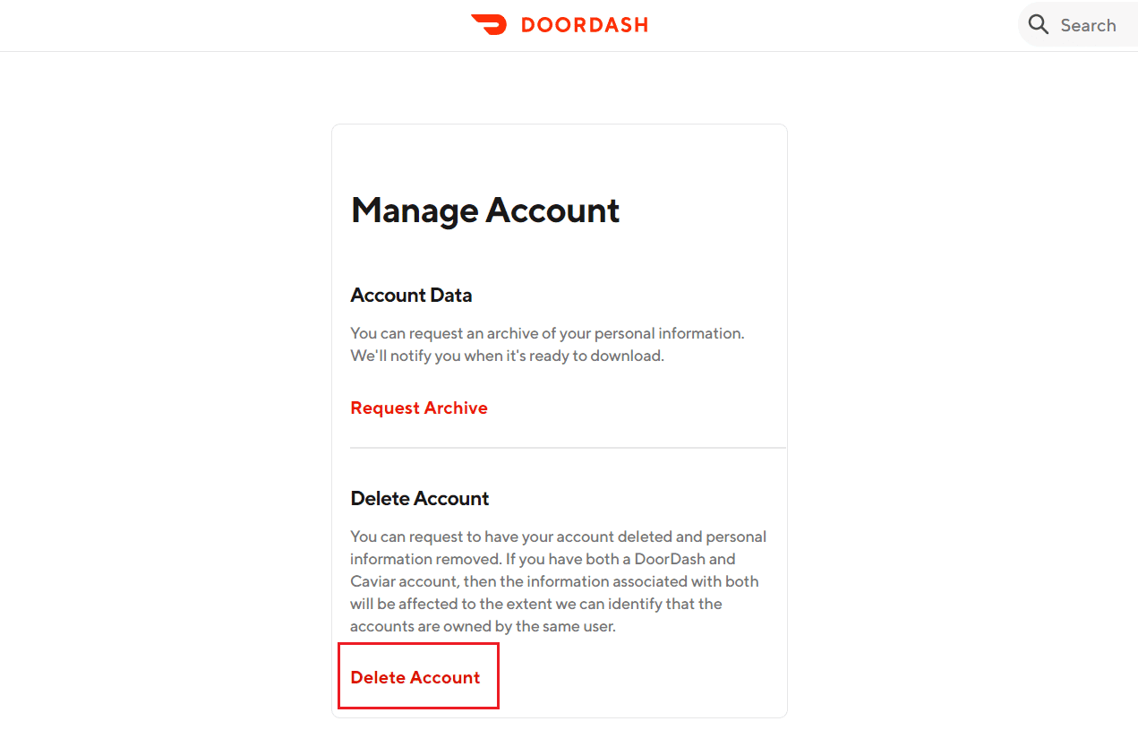 faceți clic pe Ștergeți contul | DoorDash dezactivați contul