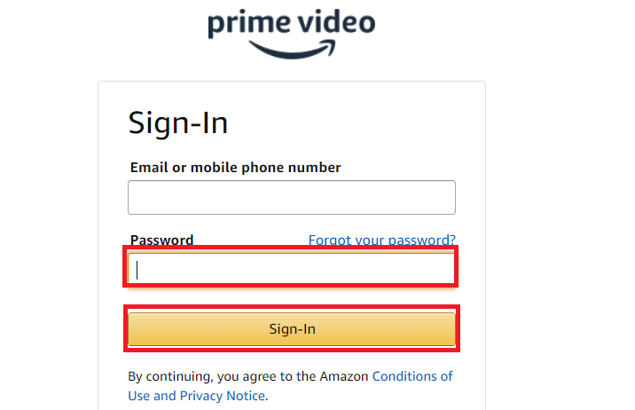 ป้อนรหัสผ่านบัญชี Prime Video ของคุณแล้วคลิกลงชื่อเข้าใช้เพื่อเข้าสู่ระบบบัญชี Prime Video | Starz ทดลองใช้งานฟรี Amazon Prime