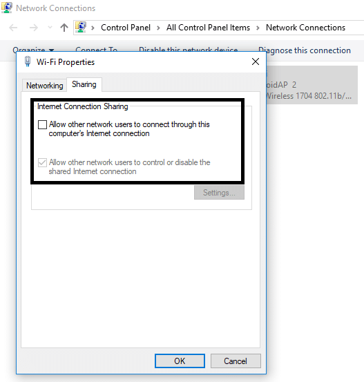 导航到共享选项卡并取消选中两个选项 |修复移动热点在 Windows 10 中不起作用