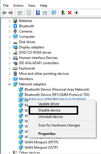 右键单击 Windows 适配器并选择启用设备选项 |修复移动热点在 Windows 10 中不起作用