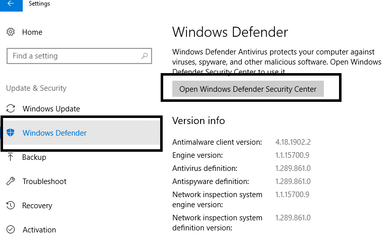 在左侧面板上,您需要单击 Windows Defender